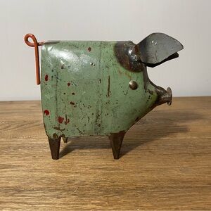 Metal PIG Sculpture Scrap Art Figurine Green Primitive Rustic Tin Decor 4”